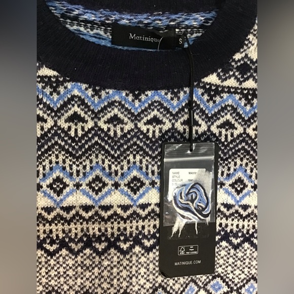 MATINIQUE NWT Lambswool MATRITON JACQUARD KNIT Blue and Grey Crewneck Sweater - Picture 6 of 7